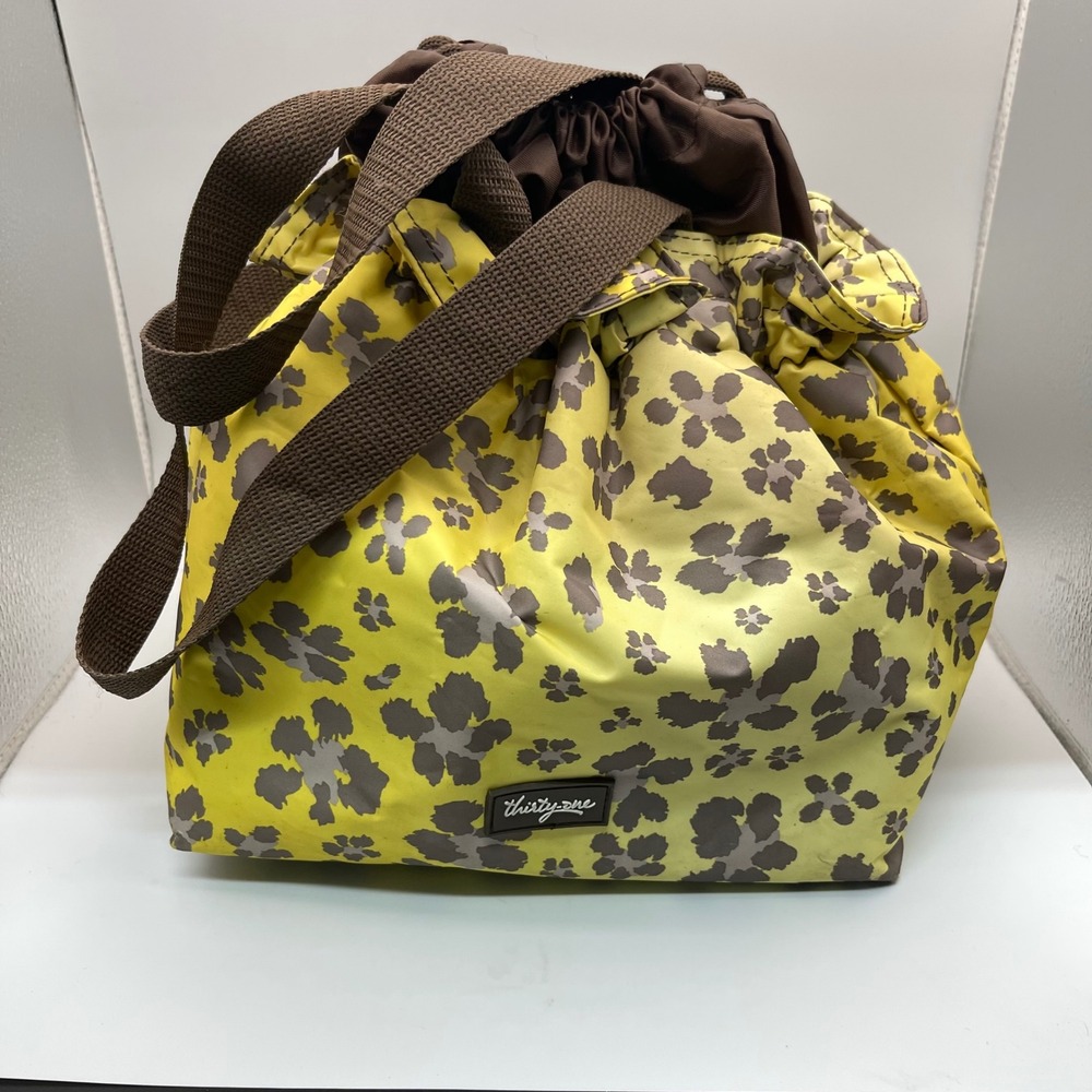 Thirty-One Thermal Drawstring Lunch Bag‎ Yellow Brown Floral Leopard Print Tote